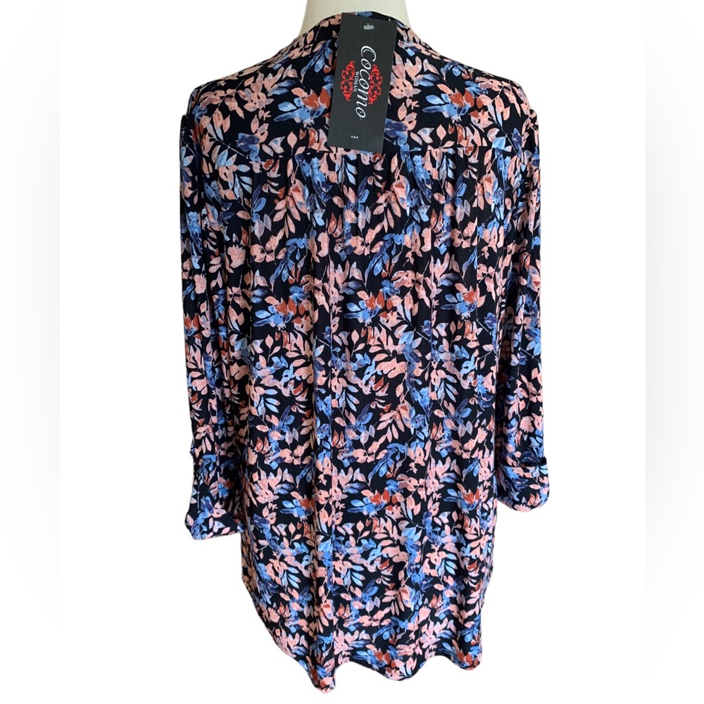 COCOMO 1X Plus Size Blue orange floral 3/4 sleeve women's Pintuck Blouse tunic - Picture 3 of 13